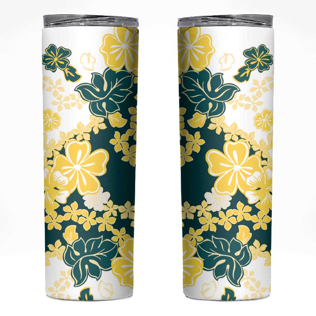 Yelow Teal Hibiscus Plumeria Floral Skinny Tumbler - Polynesian Pride