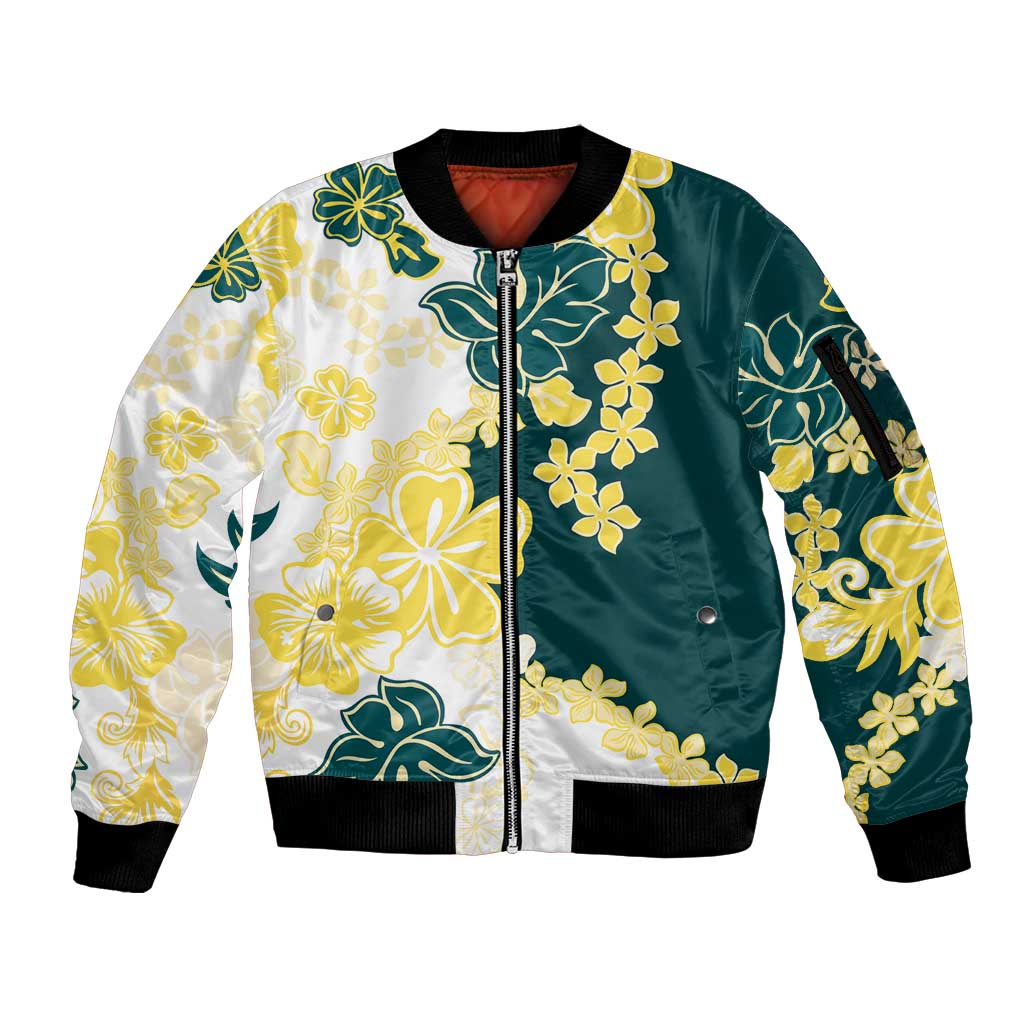 Yelow Teal Hibiscus Plumeria Floral Sleeve Zip Bomber Jacket - Polynesian Pride