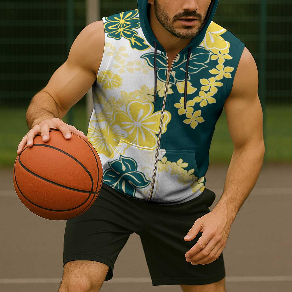 Yelow Teal Hibiscus Plumeria Floral Sleeveless Zip Hoodie - Polynesian Pride