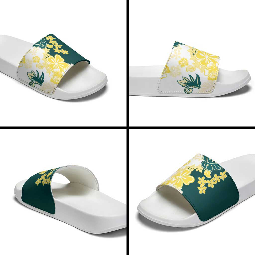 Yelow Teal Hibiscus Plumeria Floral Slide Sandals - Polynesian Pride