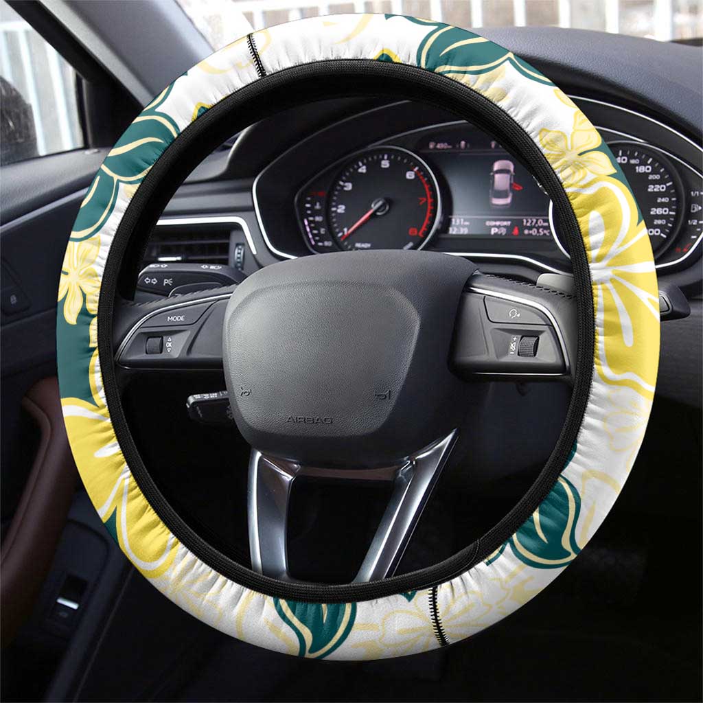 Yelow Teal Hibiscus Plumeria Floral Steering Wheel Cover - Polynesian Pride