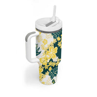 Yelow Teal Hibiscus Plumeria Floral Tumbler With Handle - Polynesian Pride
