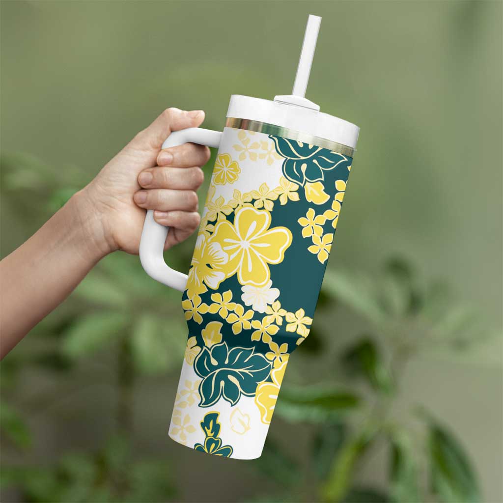 Yelow Teal Hibiscus Plumeria Floral Tumbler With Handle - Polynesian Pride