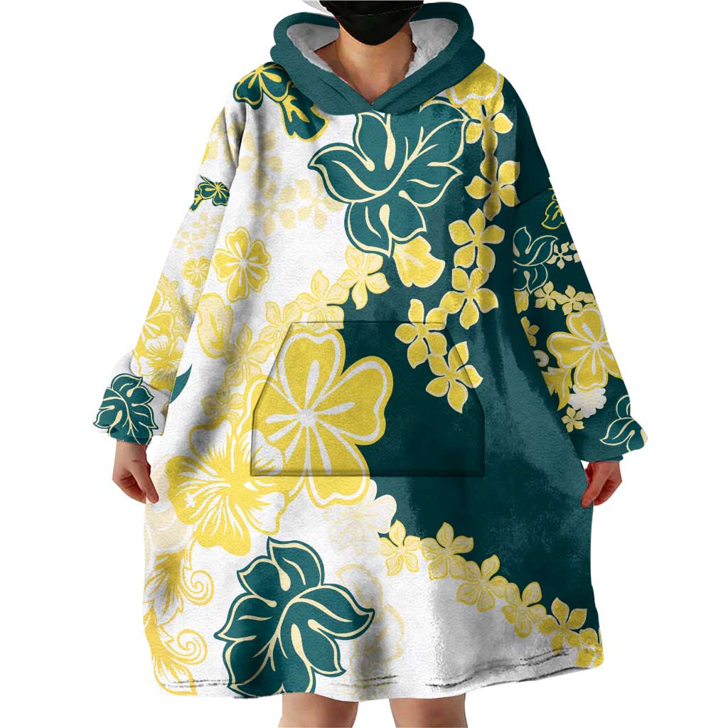 Yelow Teal Hibiscus Plumeria Floral Wearable Blanket Hoodie - Polynesian Pride