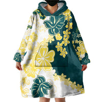 Yelow Teal Hibiscus Plumeria Floral Wearable Blanket Hoodie - Polynesian Pride
