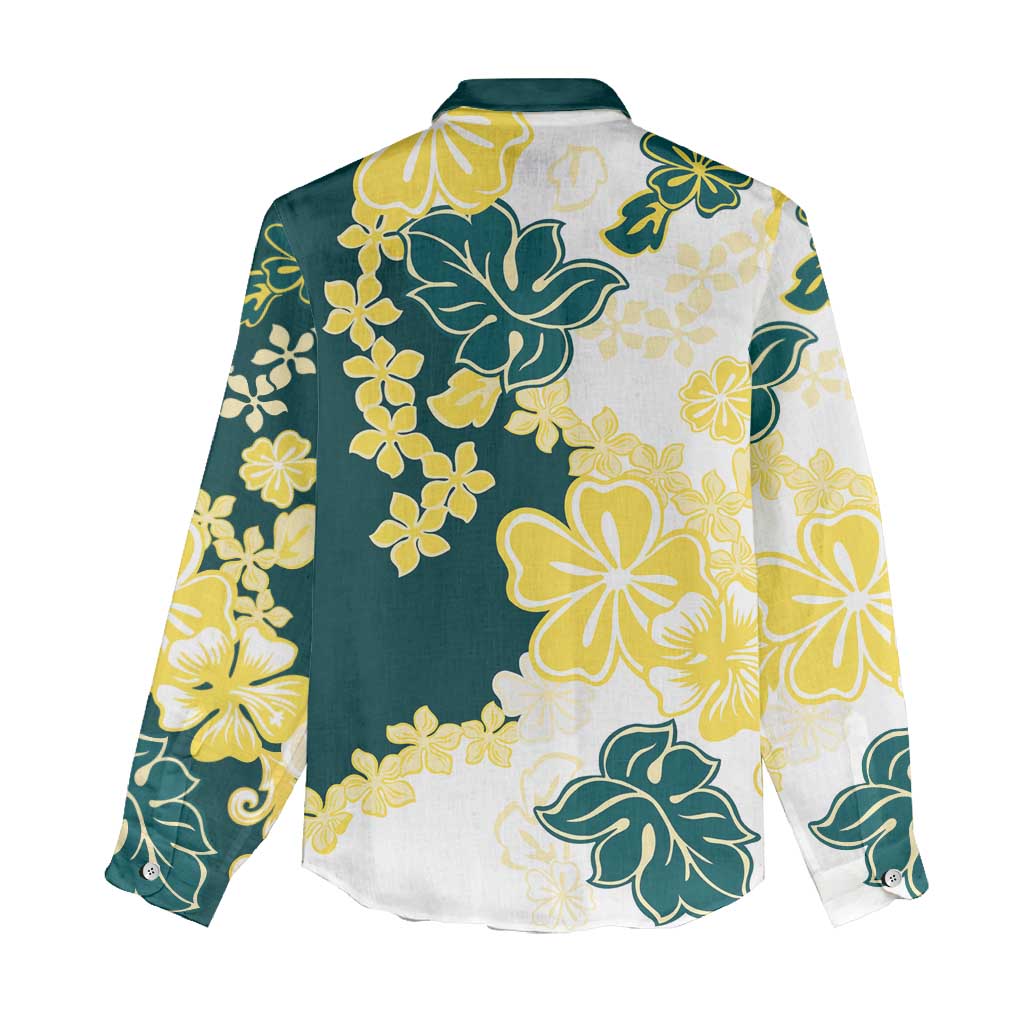 Yelow Teal Hibiscus Plumeria Floral Women Casual Shirt - Polynesian Pride