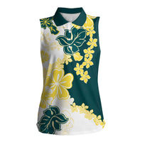 Yelow Teal Hibiscus Plumeria Floral Women Sleeveless Polo Shirt - Polynesian Pride