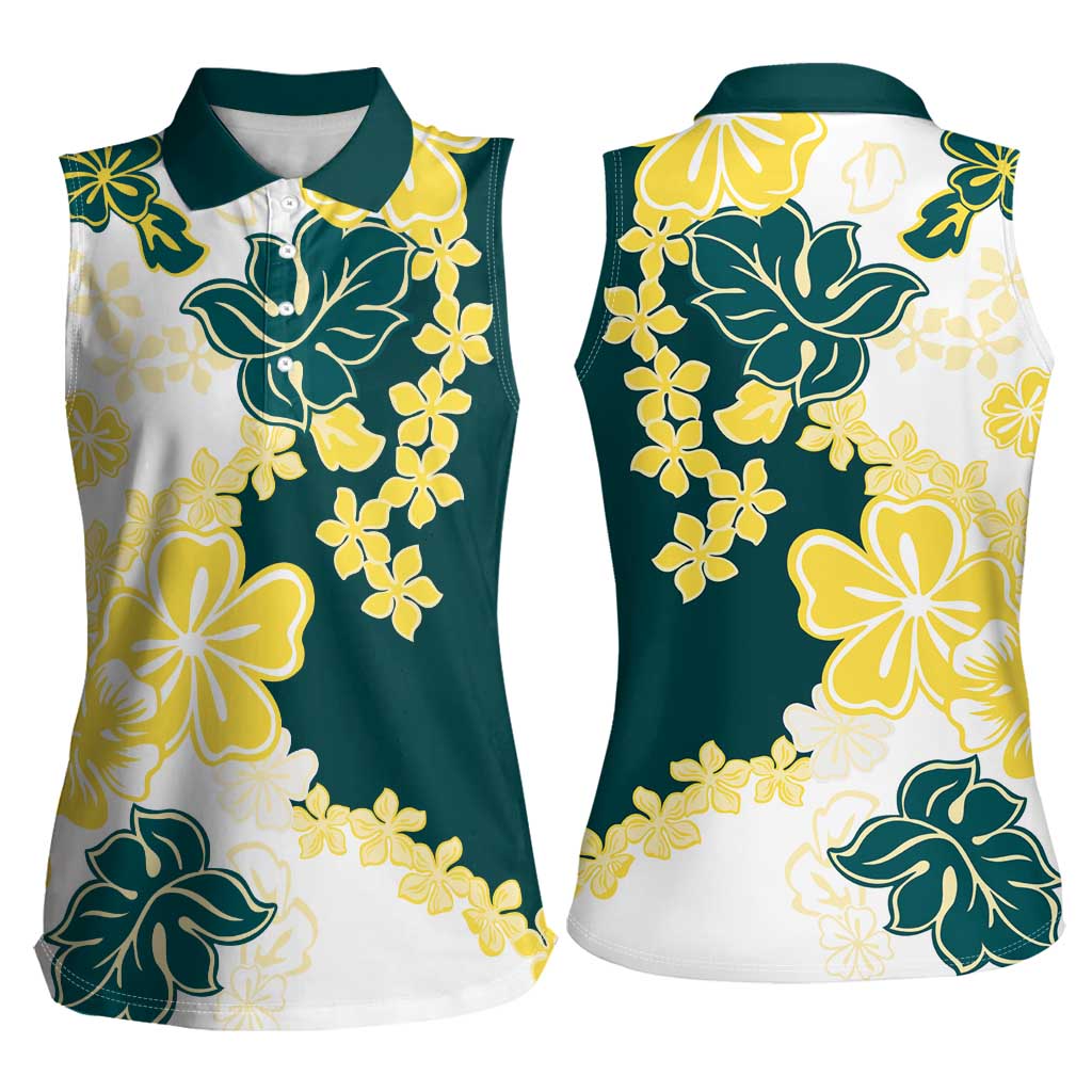 Yelow Teal Hibiscus Plumeria Floral Women Sleeveless Polo Shirt - Polynesian Pride