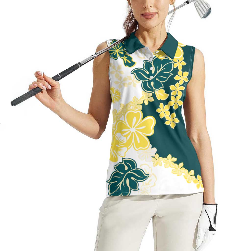 Yelow Teal Hibiscus Plumeria Floral Women Sleeveless Polo Shirt - Polynesian Pride