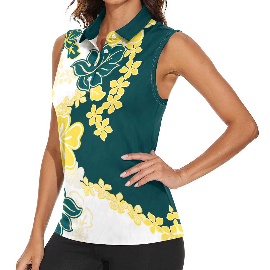 Yelow Teal Hibiscus Plumeria Floral Women Sleeveless Polo Shirt - Polynesian Pride