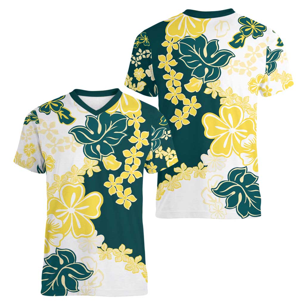 Yelow Teal Hibiscus Plumeria Floral Women V-Neck T-Shirt - Polynesian Pride