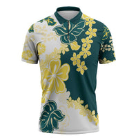 Yelow Teal Hibiscus Plumeria Floral Zipper Polo Shirt - Polynesian Pride