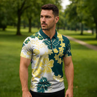 Yelow Teal Hibiscus Plumeria Floral Zipper Polo Shirt - Polynesian Pride