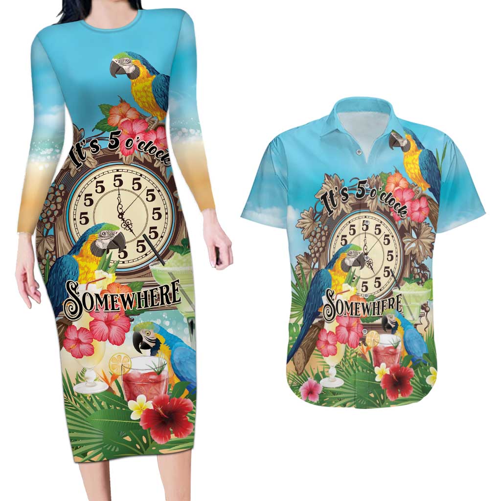 Personalized It's 5 o'clock Somewhere Couples Matching Long Sleeve Bodycon Dress and Hawaiian Shirt Hawaiian Tropical Parrots - Polynesian Pride