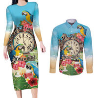 Personalized It's 5 o'clock Somewhere Couples Matching Long Sleeve Bodycon Dress and Long Sleeve Button Shirt Hawaiian Tropical Parrots - Polynesian Pride