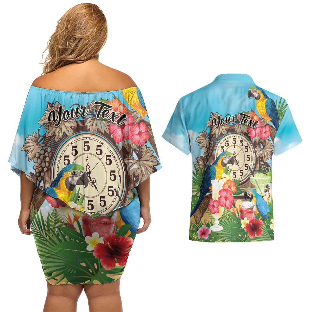 Personalized It's 5 o'clock Somewhere Couples Matching Off Shoulder Short Dress and Hawaiian Shirt Hawaiian Tropical Parrots - Polynesian Pride