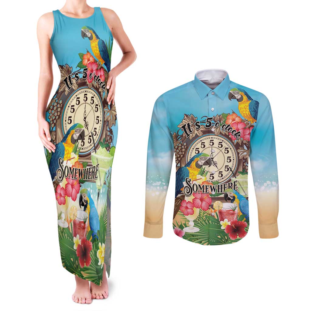 Personalized It's 5 o'clock Somewhere Couples Matching Tank Maxi Dress and Long Sleeve Button Shirt Hawaiian Tropical Parrots - Polynesian Pride