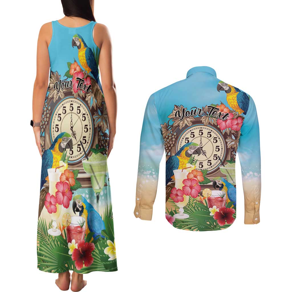 Personalized It's 5 o'clock Somewhere Couples Matching Tank Maxi Dress and Long Sleeve Button Shirt Hawaiian Tropical Parrots - Polynesian Pride