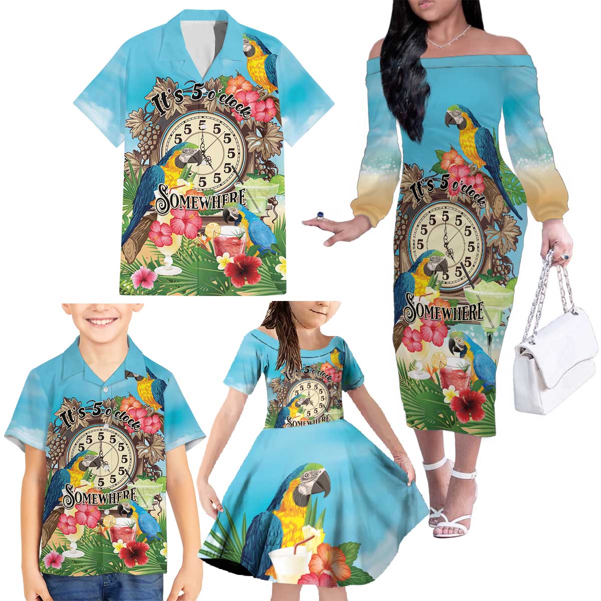 Personalized It's 5 o'clock Somewhere Family Matching Off The Shoulder Long Sleeve Dress and Hawaiian Shirt Hawaiian Tropical Parrots - Polynesian Pride