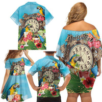 Personalized It's 5 o'clock Somewhere Family Matching Off Shoulder Short Dress and Hawaiian Shirt Hawaiian Tropical Parrots - Polynesian Pride