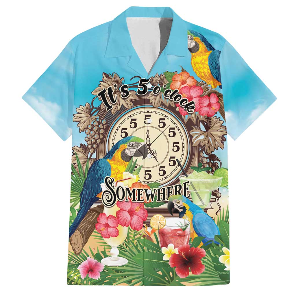 Personalized It's 5 o'clock Somewhere Family Matching Off Shoulder Short Dress and Hawaiian Shirt Hawaiian Tropical Parrots - Polynesian Pride