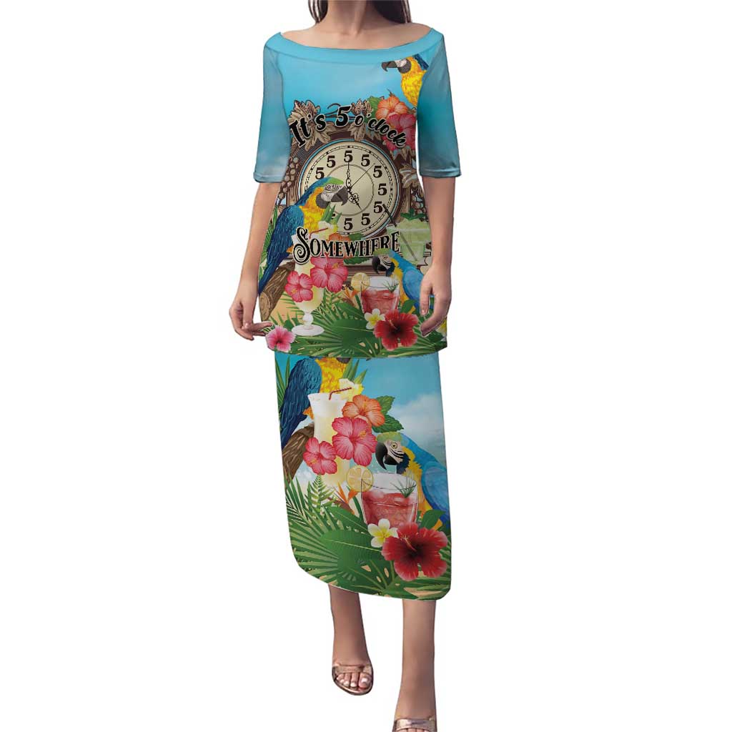 Personalized It's 5 o'clock Somewhere Puletasi Hawaiian Tropical Parrots - Polynesian Pride