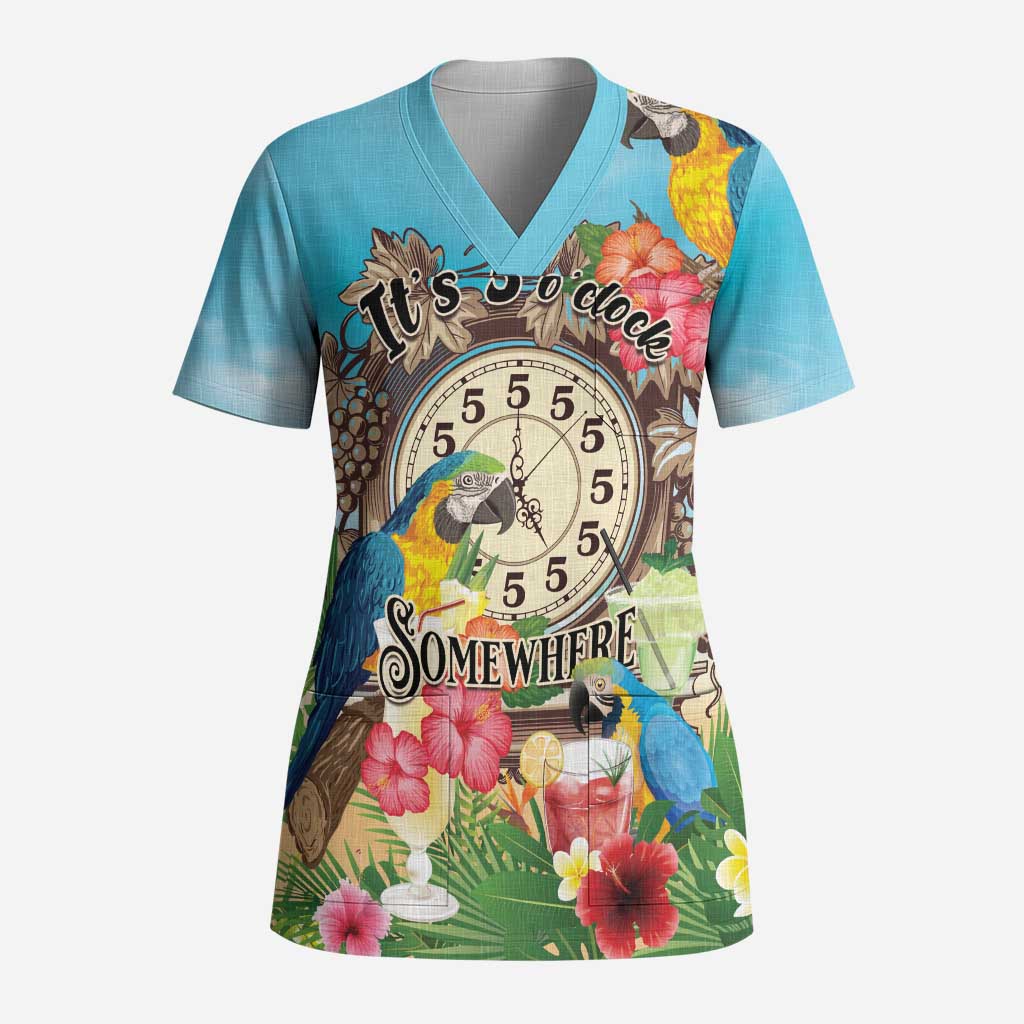 Personalized It's 5 o'clock Somewhere Scrub Top Hawaiian Tropical Parrots - Polynesian Pride