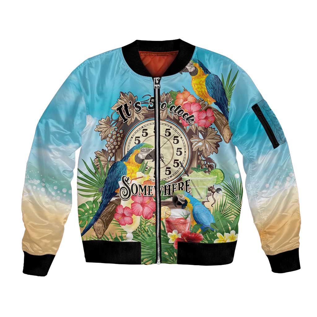 Personalized It's 5 o'clock Somewhere Sleeve Zip Bomber Jacket Hawaiian Tropical Parrots - Polynesian Pride