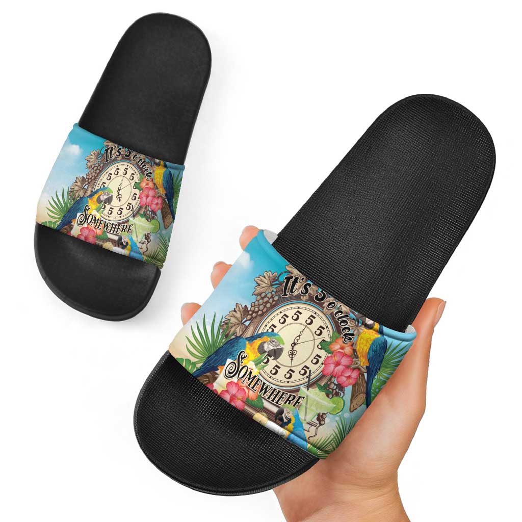 It's 5 o'clock Somewhere Slide Sandals Hawaiian Tropical Parrots - Polynesian Pride