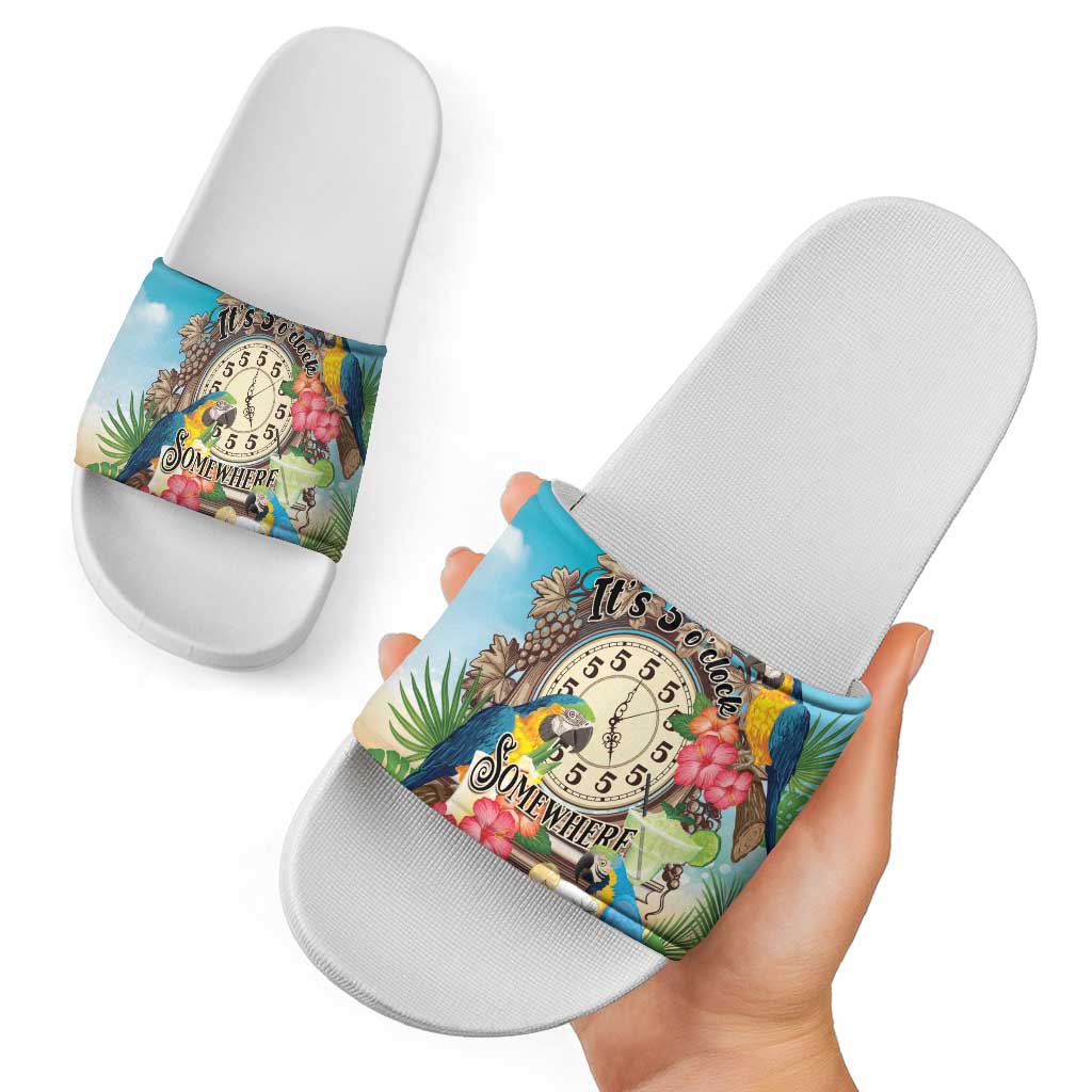 It's 5 o'clock Somewhere Slide Sandals Hawaiian Tropical Parrots - Polynesian Pride