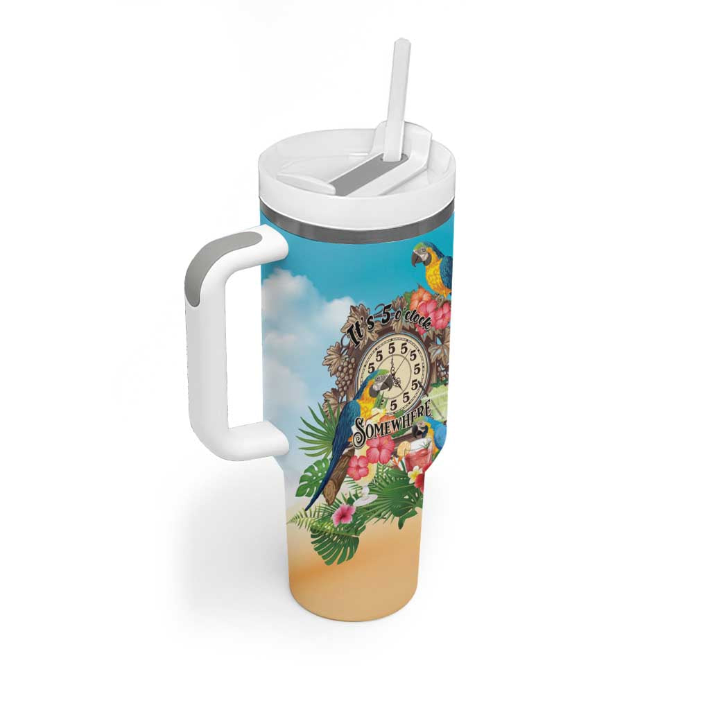 Personalized It's 5 o'clock Somewhere Tumbler With Handle Hawaiian Tropical Parrots - Polynesian Pride