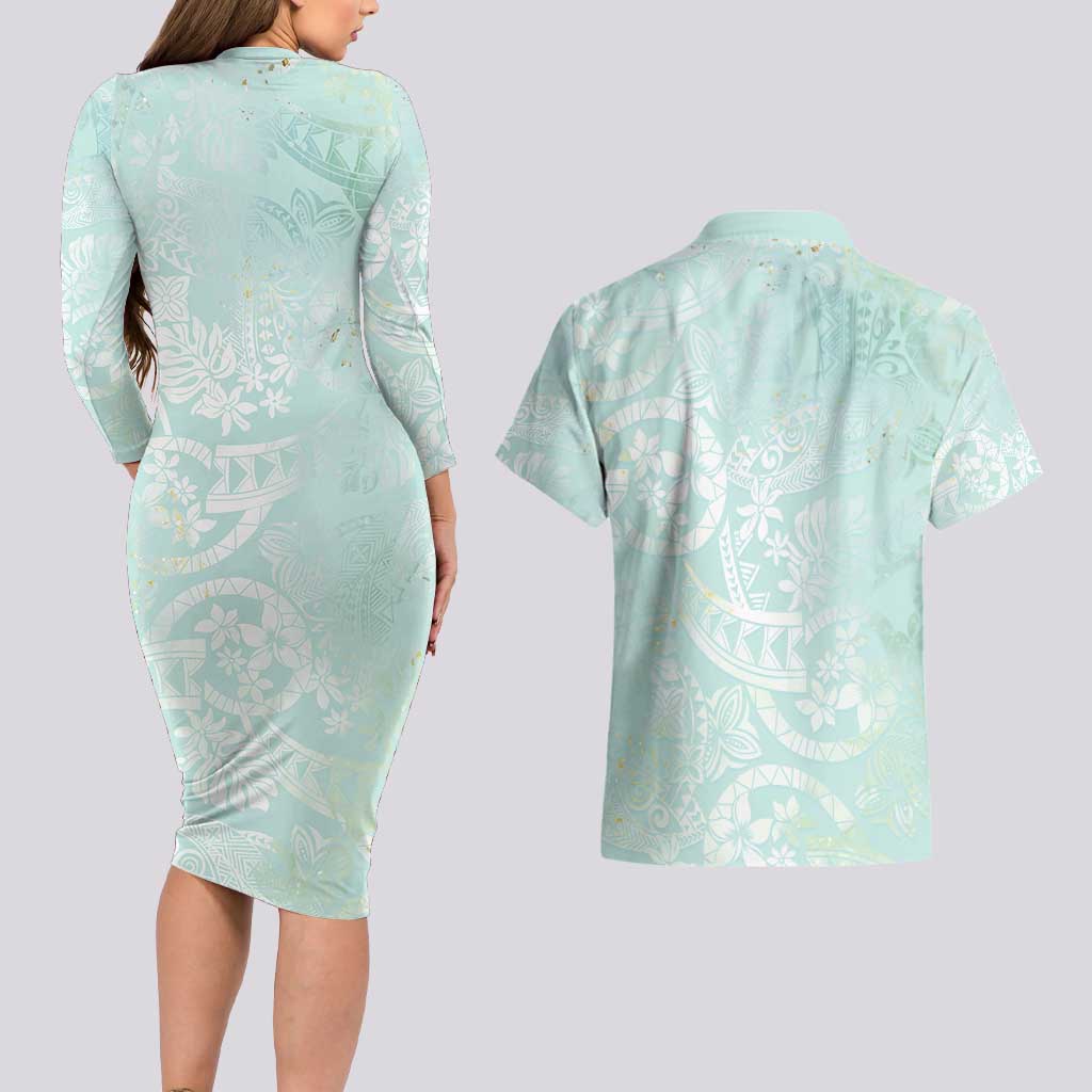 Polynesian Tiare Monstera Seafoam Green Couples Matching Long Sleeve Bodycon Dress and Hawaiian Shirt Liquid Style - Polynesian Pride