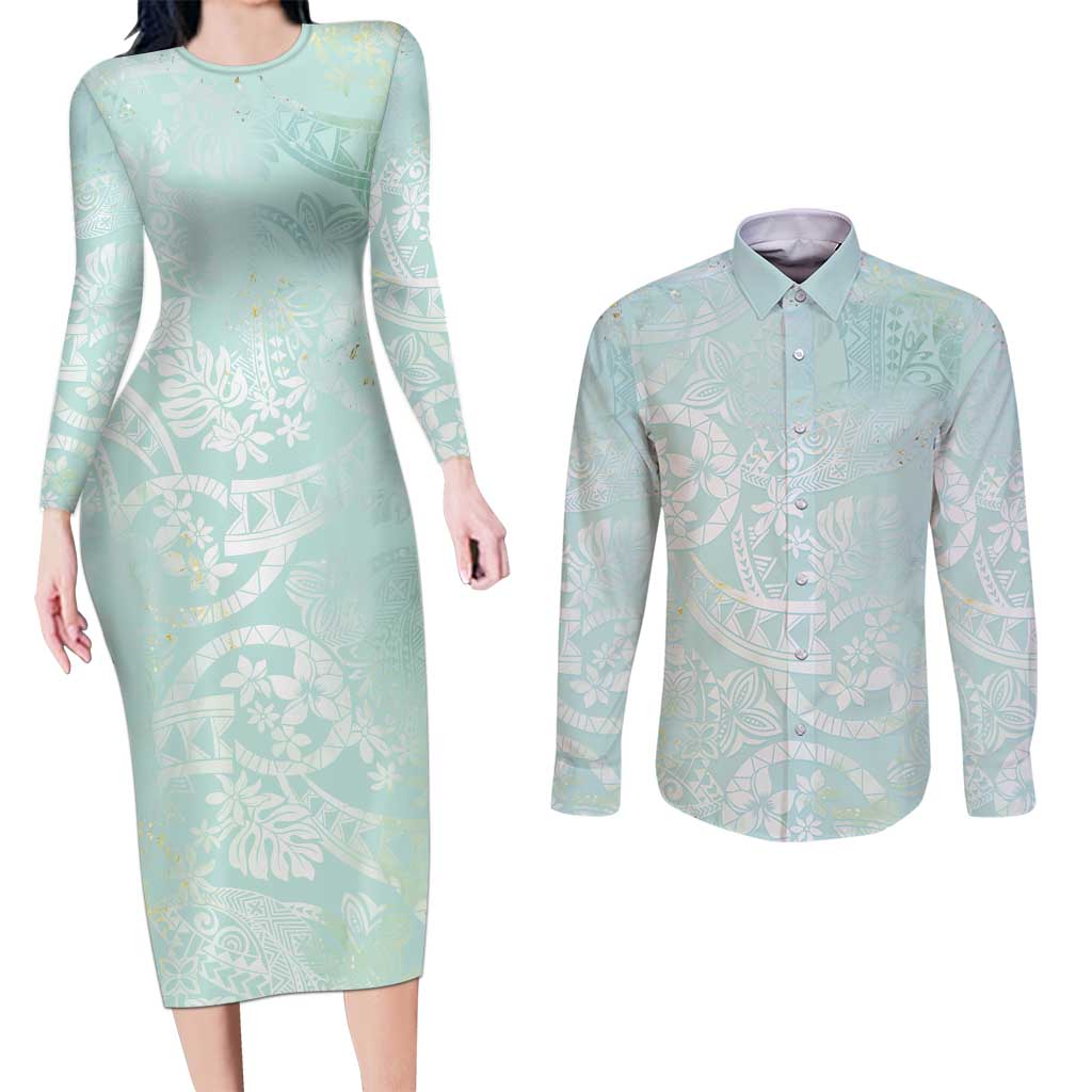 Polynesian Tiare Monstera Seafoam Green Couples Matching Long Sleeve Bodycon Dress and Long Sleeve Button Shirt Liquid Style - Polynesian Pride