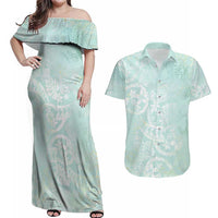 Polynesian Tiare Monstera Seafoam Green Couples Matching Off Shoulder Maxi Dress and Hawaiian Shirt Liquid Style - Polynesian Pride