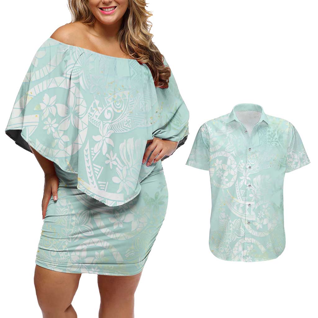 Polynesian Tiare Monstera Seafoam Green Couples Matching Off Shoulder Short Dress and Hawaiian Shirt Liquid Style - Polynesian Pride