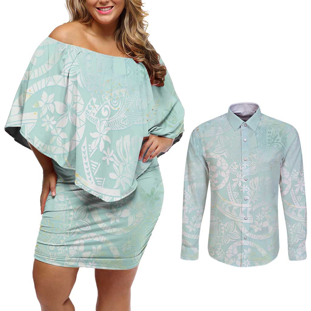 Polynesian Tiare Monstera Seafoam Green Couples Matching Off Shoulder Short Dress and Long Sleeve Button Shirt Liquid Style - Polynesian Pride