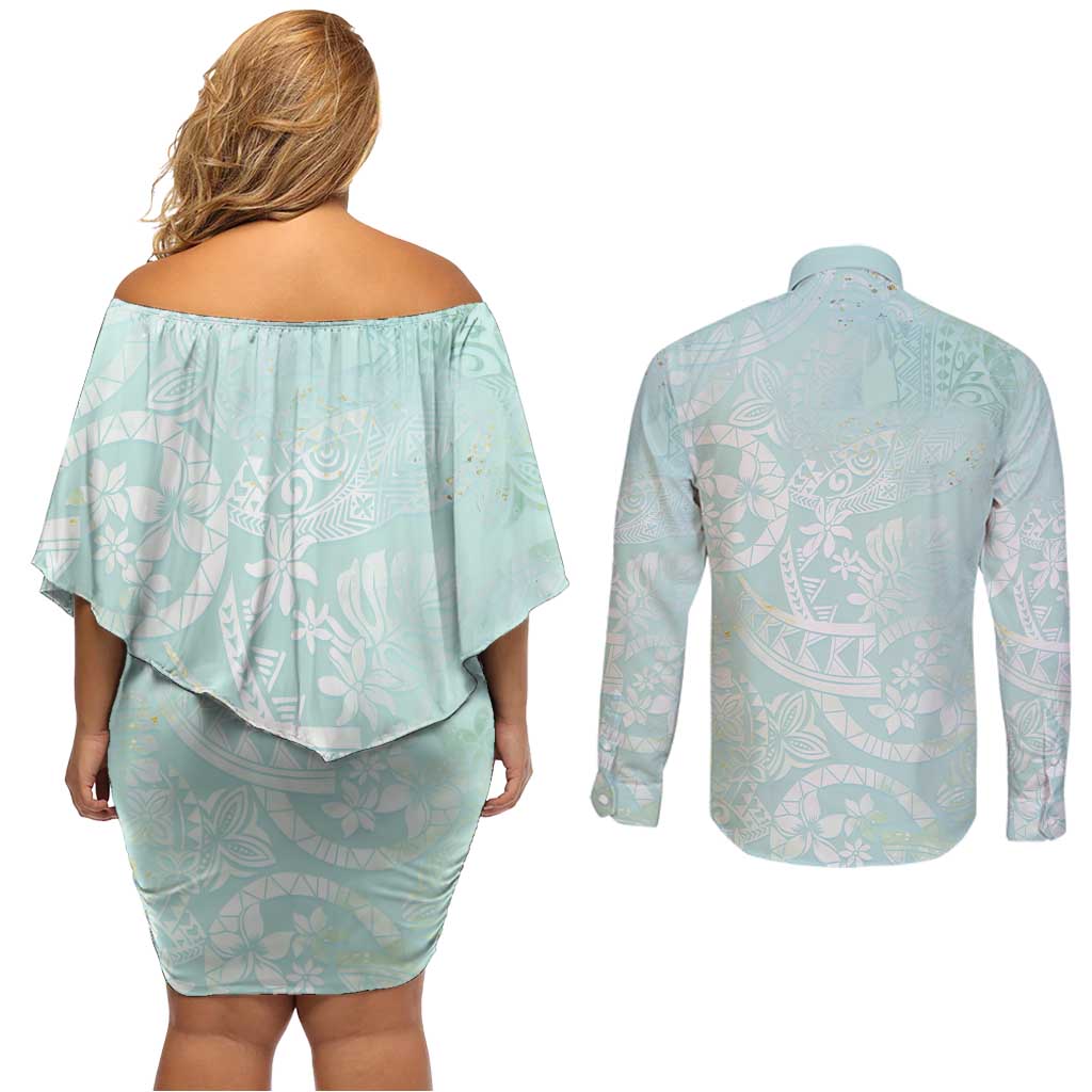 Polynesian Tiare Monstera Seafoam Green Couples Matching Off Shoulder Short Dress and Long Sleeve Button Shirt Liquid Style - Polynesian Pride