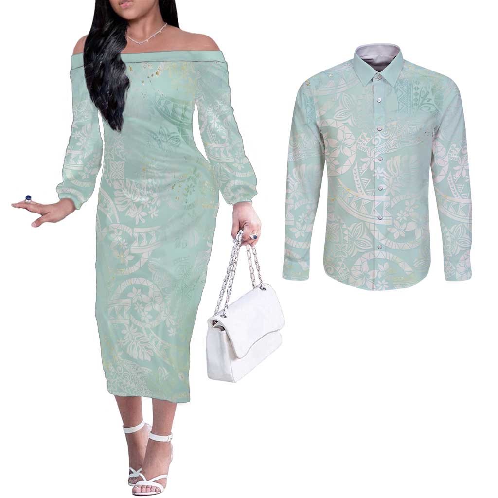 Polynesian Tiare Monstera Seafoam Green Couples Matching Off The Shoulder Long Sleeve Dress and Long Sleeve Button Shirt Liquid Style - Polynesian Pride