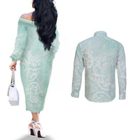 Polynesian Tiare Monstera Seafoam Green Couples Matching Off The Shoulder Long Sleeve Dress and Long Sleeve Button Shirt Liquid Style - Polynesian Pride