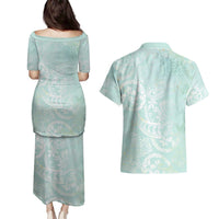 Polynesian Tiare Monstera Seafoam Green Couples Matching Puletasi and Hawaiian Shirt Liquid Style - Polynesian Pride