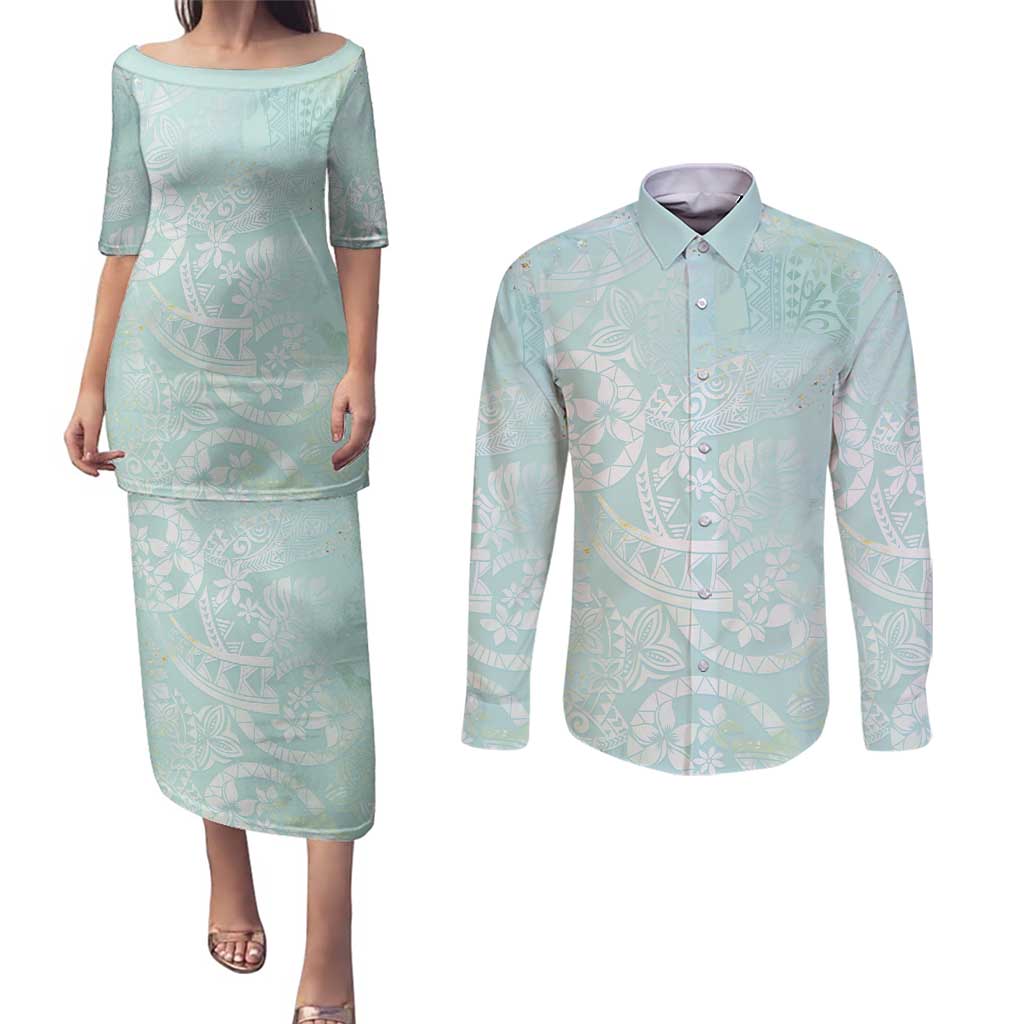 Polynesian Tiare Monstera Seafoam Green Couples Matching Puletasi and Long Sleeve Button Shirt Liquid Style - Polynesian Pride