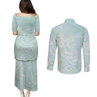 Polynesian Tiare Monstera Seafoam Green Couples Matching Puletasi and Long Sleeve Button Shirt Liquid Style - Polynesian Pride