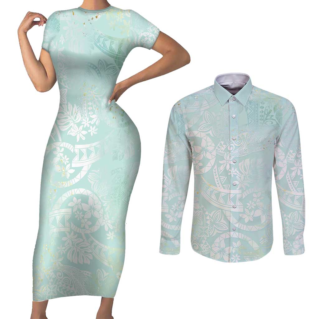 Polynesian Tiare Monstera Seafoam Green Couples Matching Short Sleeve Bodycon Dress and Long Sleeve Button Shirt Liquid Style - Polynesian Pride
