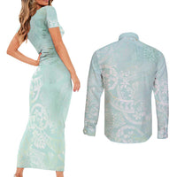 Polynesian Tiare Monstera Seafoam Green Couples Matching Short Sleeve Bodycon Dress and Long Sleeve Button Shirt Liquid Style - Polynesian Pride