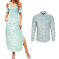 Polynesian Tiare Monstera Seafoam Green Couples Matching Summer Maxi Dress and Long Sleeve Button Shirt Liquid Style - Polynesian Pride