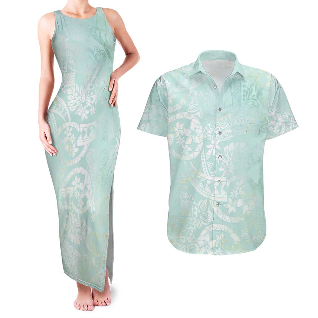 Polynesian Tiare Monstera Seafoam Green Couples Matching Tank Maxi Dress and Hawaiian Shirt Liquid Style - Polynesian Pride