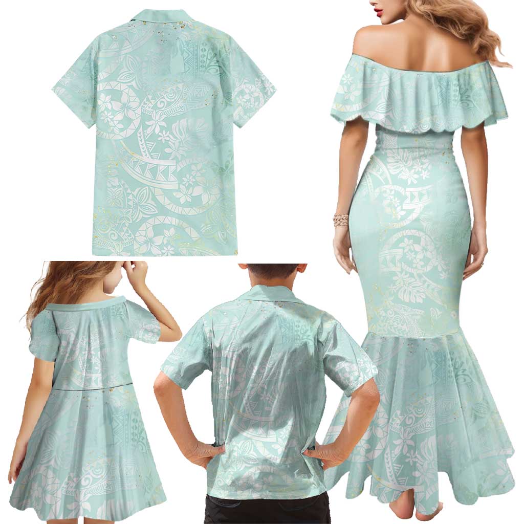 Polynesian Tiare Monstera Seafoam Green Family Matching Mermaid Dress and Hawaiian Shirt Liquid Style - Polynesian Pride