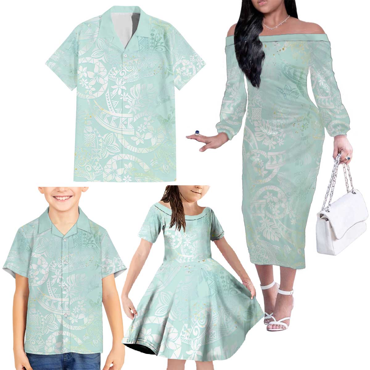 Polynesian Tiare Monstera Seafoam Green Family Matching Off The Shoulder Long Sleeve Dress and Hawaiian Shirt Liquid Style - Polynesian Pride