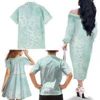 Polynesian Tiare Monstera Seafoam Green Family Matching Off The Shoulder Long Sleeve Dress and Hawaiian Shirt Liquid Style - Polynesian Pride