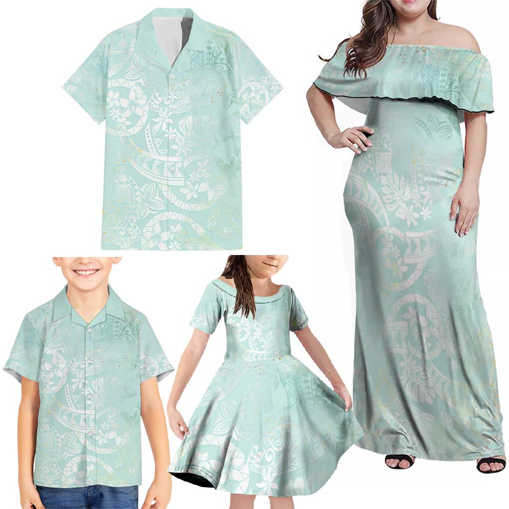 Polynesian Tiare Monstera Seafoam Green Family Matching Off Shoulder Maxi Dress and Hawaiian Shirt Liquid Style - Polynesian Pride